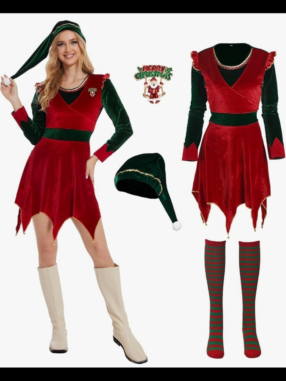 Holiday Velvet Elf Dress with Hat and Striped Socks - Red & Green